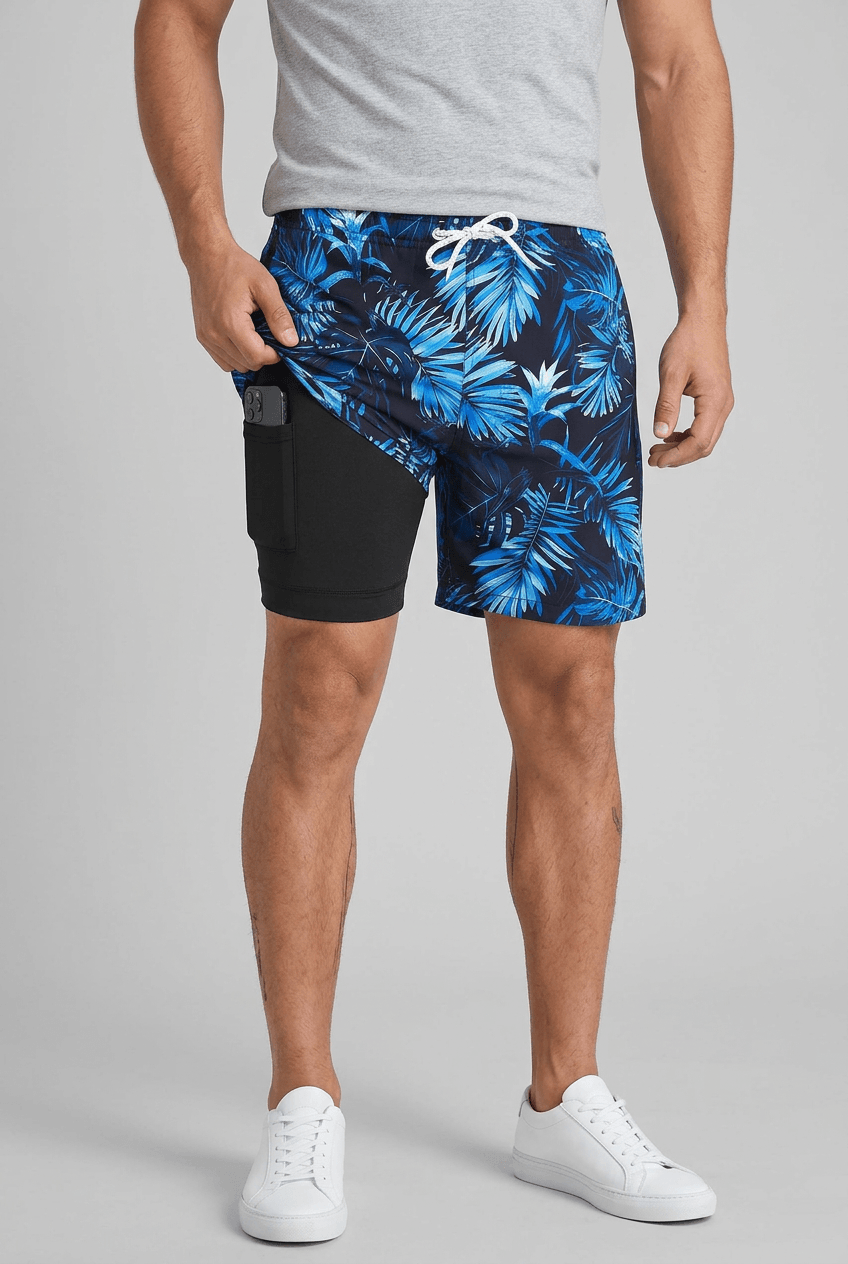 Men's printed swim shorts with drawstring waist and inner shorts