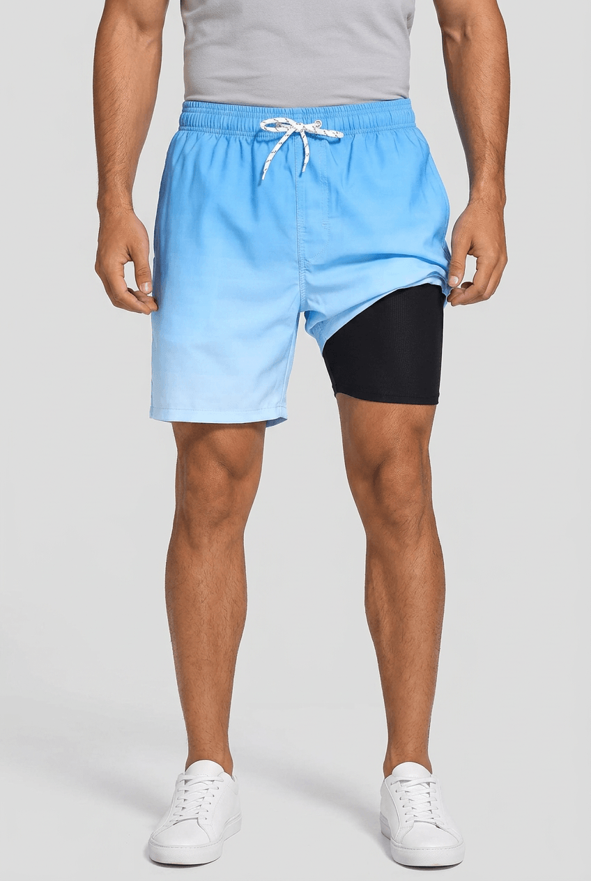 Men's printed swim shorts with drawstring waist and inner shorts