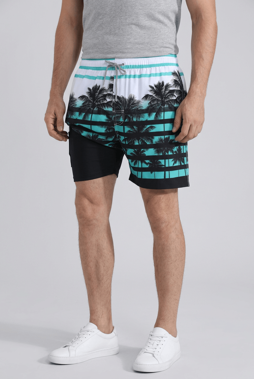 Men's printed swim shorts with drawstring waist and inner shorts
