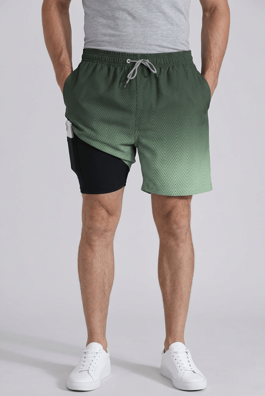 Men's printed swim shorts with drawstring waist and inner shorts