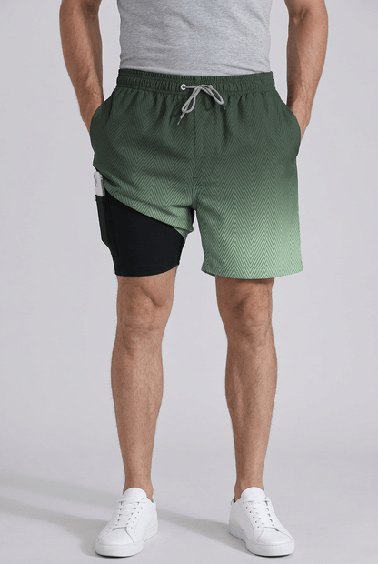 Men's printed swim shorts with drawstring waist and inner shorts