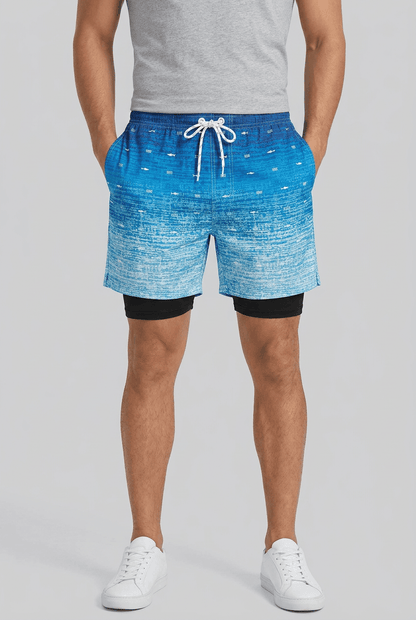 Men's printed swim shorts with drawstring waist and inner shorts