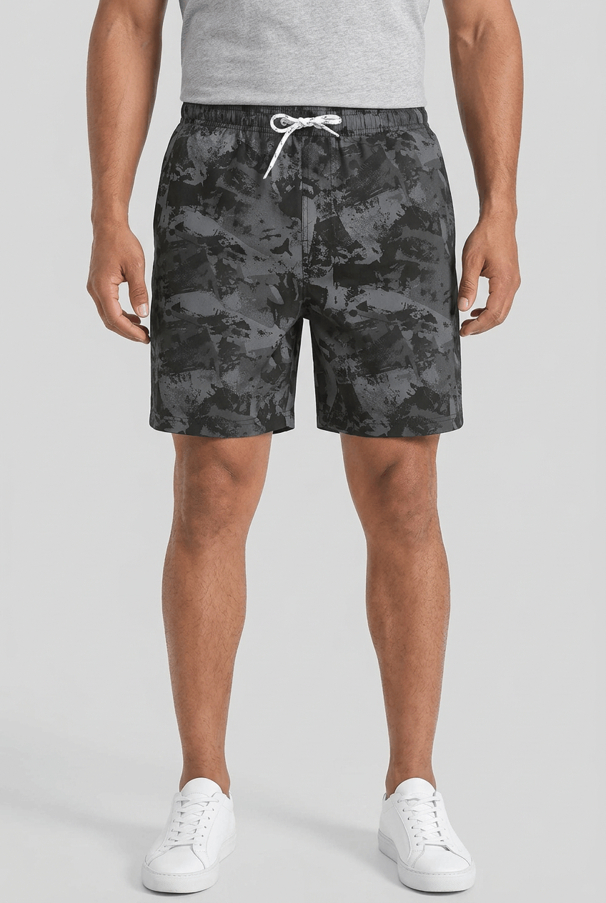 Men's printed swim shorts with drawstring waist and inner shorts