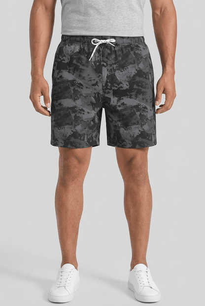 Men's printed swim shorts with drawstring waist and inner shorts