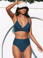 Women's high-waisted wrap bikini with V-neck top and spaghetti straps