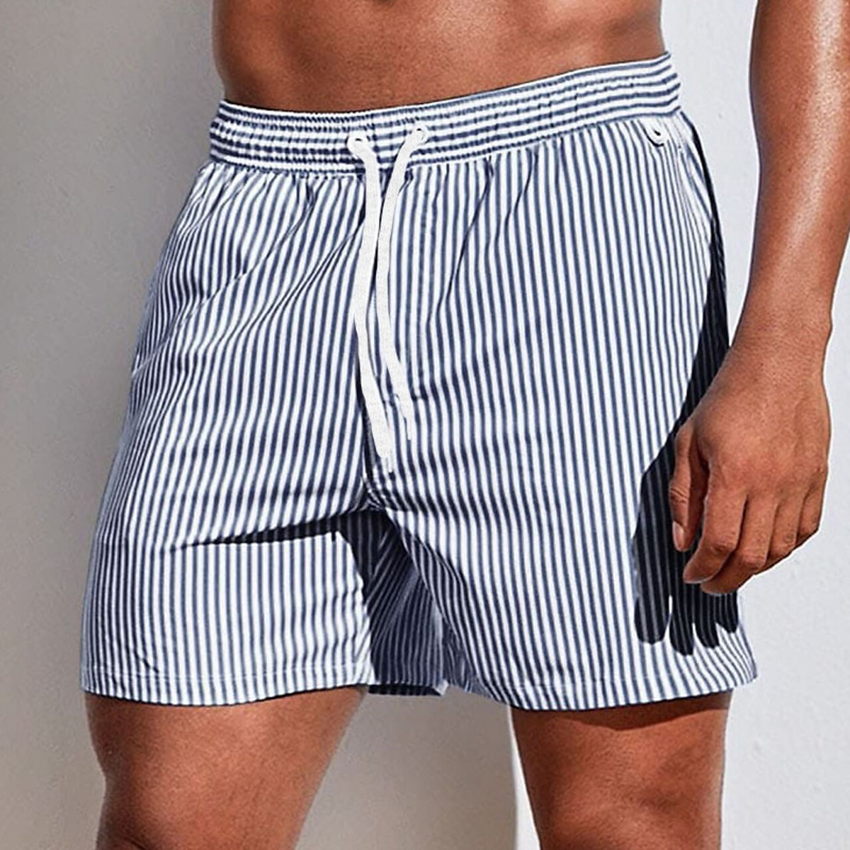 Men's striped swim shorts with drawstring waist and side pockets