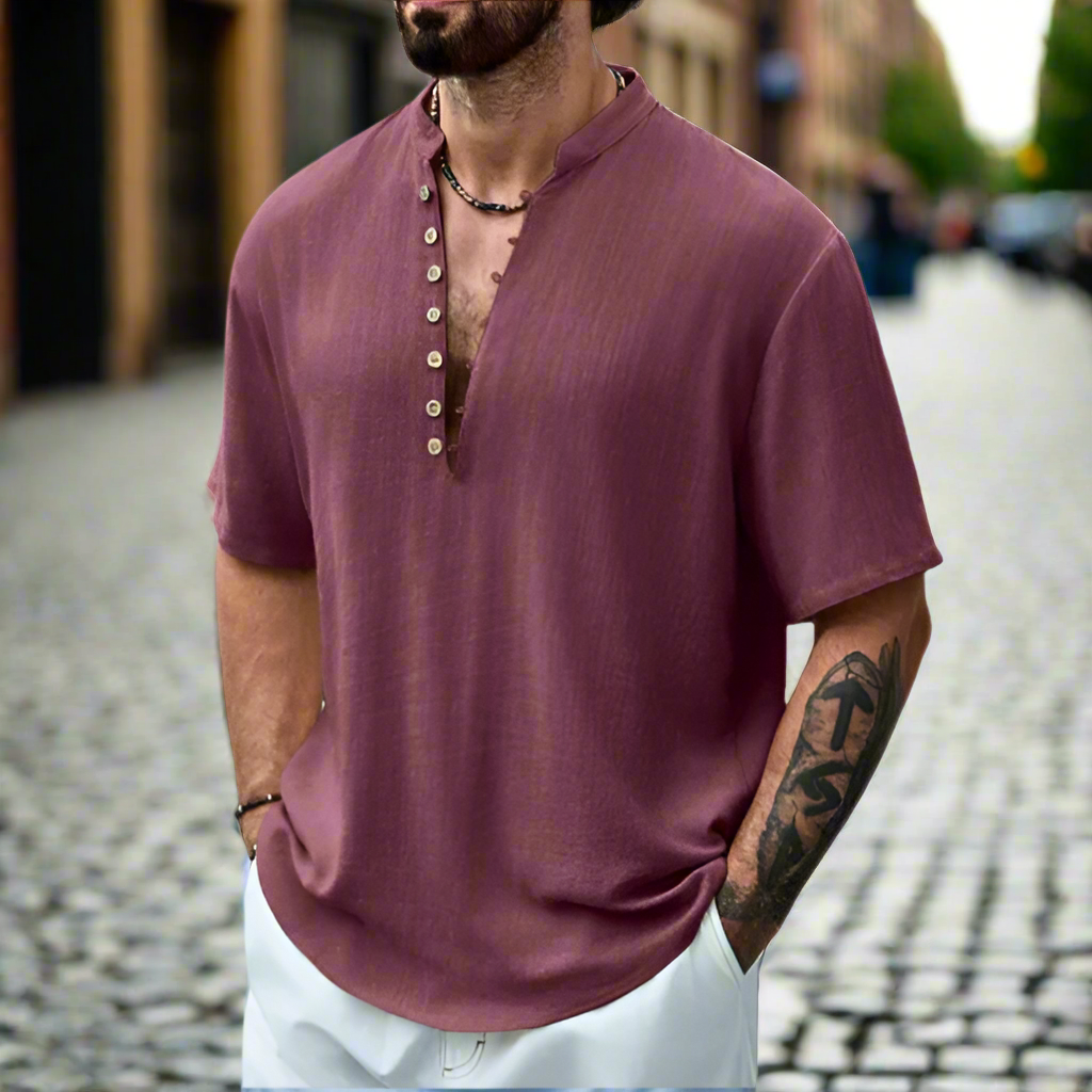 Men's short sleeve mandarin collar shirt with button placket