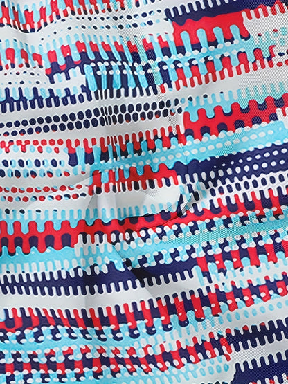 Men's blue abstract graphic swim shorts with elasticated drawstring waist