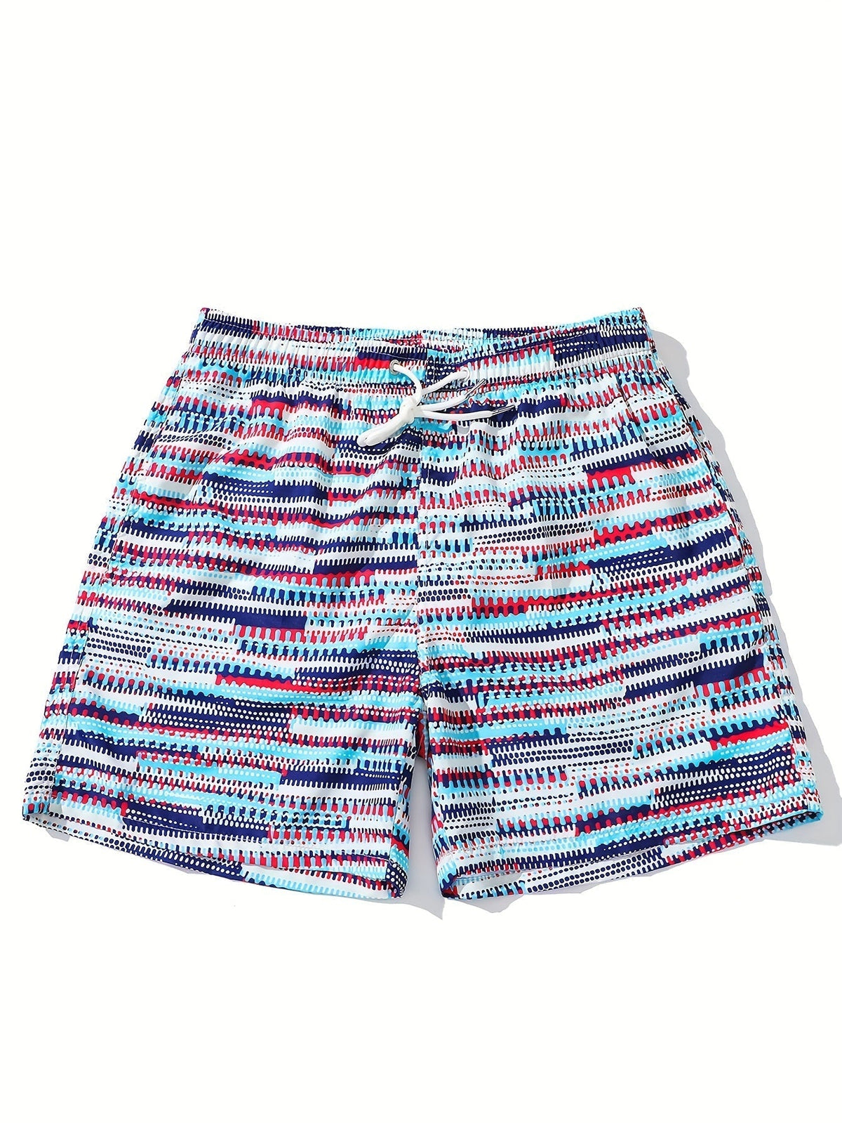 Men's blue abstract graphic swim shorts with elasticated drawstring waist