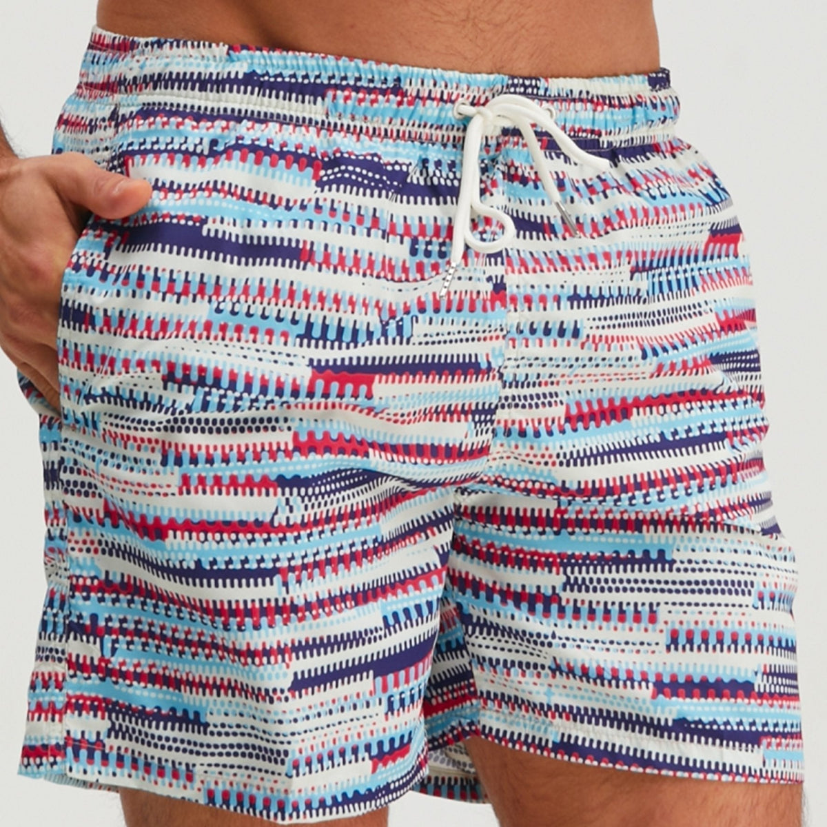 Men's blue abstract graphic swim shorts with elasticated drawstring waist