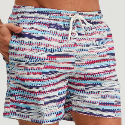 Men's blue abstract graphic swim shorts with elasticated drawstring waist