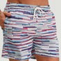 Men's blue abstract graphic swim shorts with elasticated drawstring waist