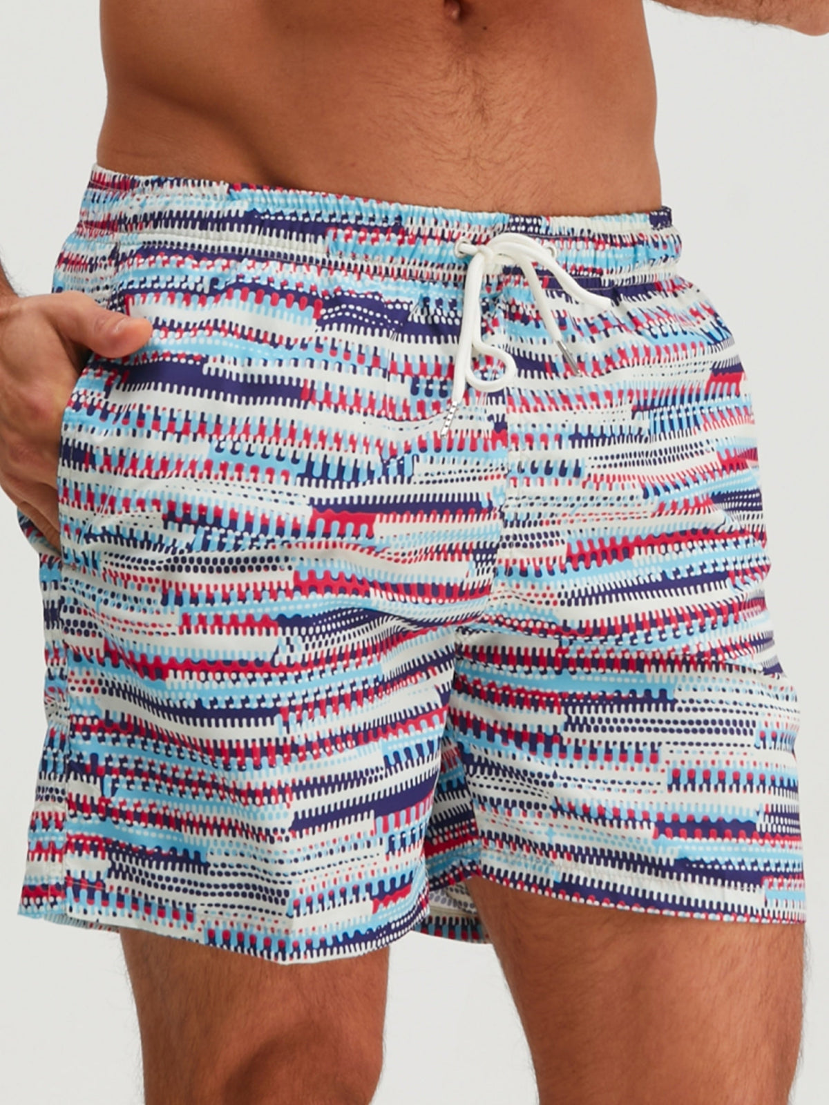 Men's blue abstract graphic swim shorts with elasticated drawstring waist