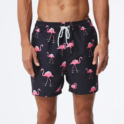Men's printed swim shorts with elastic drawstring waist and side pockets