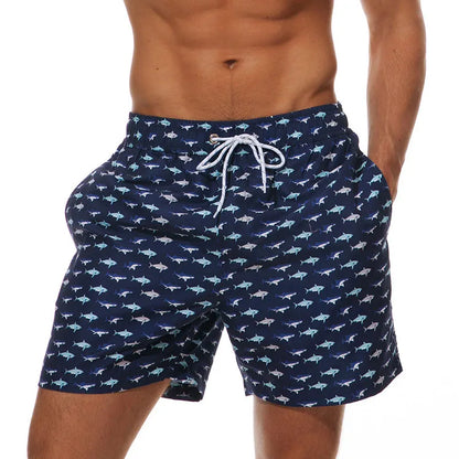 Men's printed swim shorts with elastic drawstring waist and side pockets