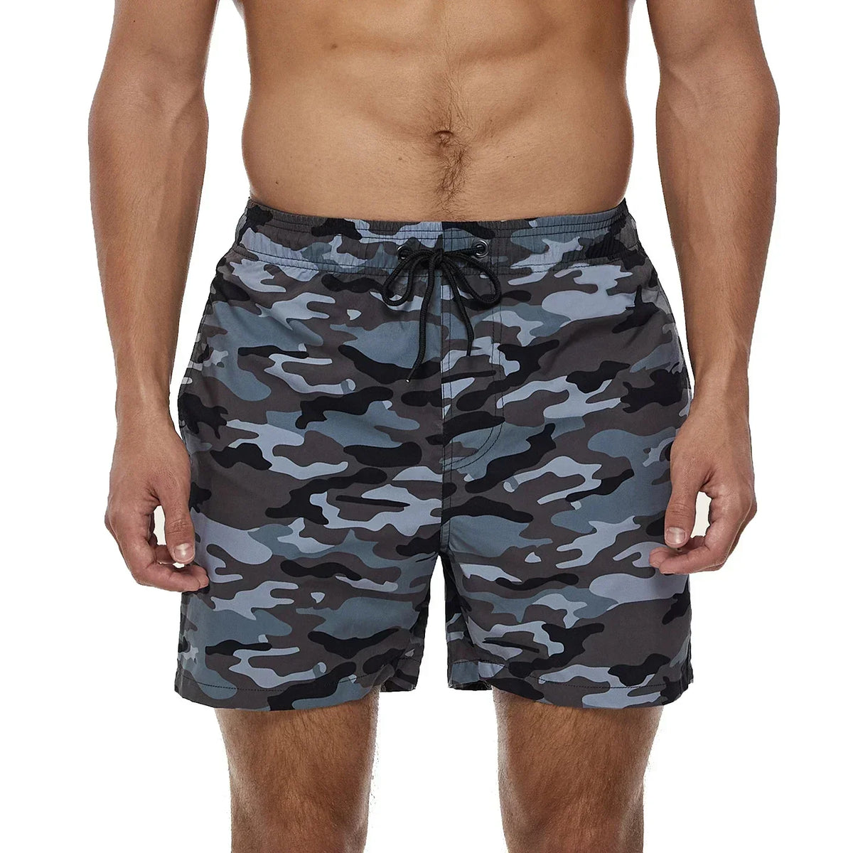 Men's printed swim shorts with elastic drawstring waist and side pockets