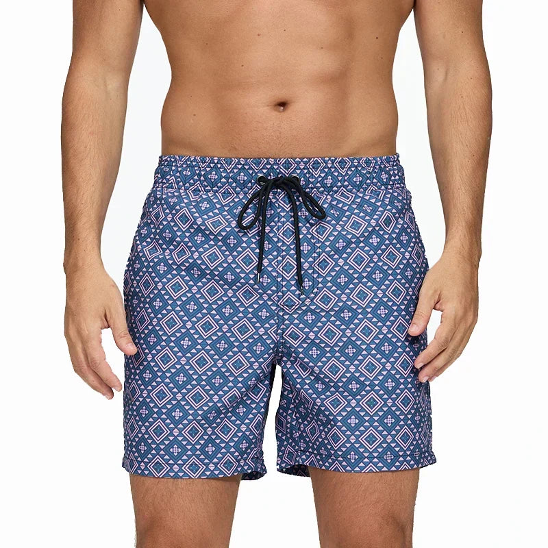 Men's printed swim shorts with elastic drawstring waist and side pockets