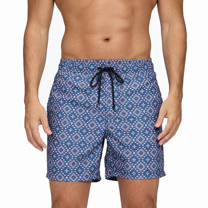 Men's printed swim shorts with elastic drawstring waist and side pockets