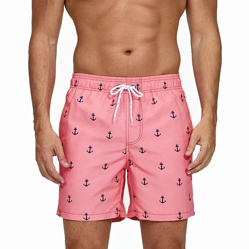 Men's printed swim shorts with elastic drawstring waist and side pockets