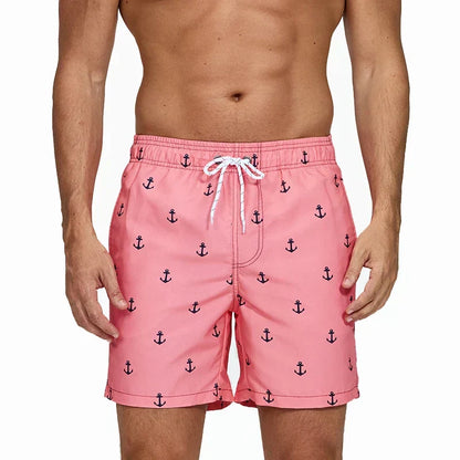 Men's printed swim shorts with elastic drawstring waist and side pockets