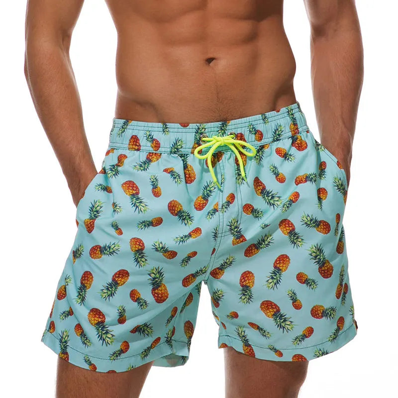 Men's printed swim shorts with elastic drawstring waist and side pockets