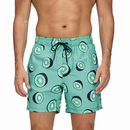 Men's printed swim shorts with elastic drawstring waist and side pockets