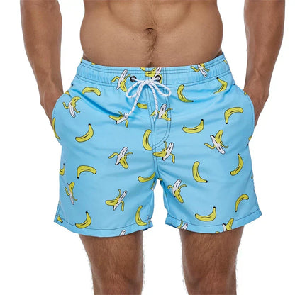 Men's printed swim shorts with elastic drawstring waist and side pockets