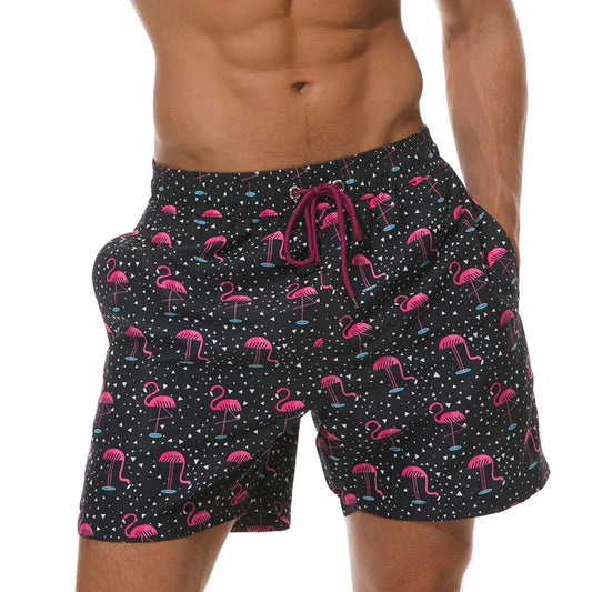Men's printed swim shorts with elastic drawstring waist and side pockets
