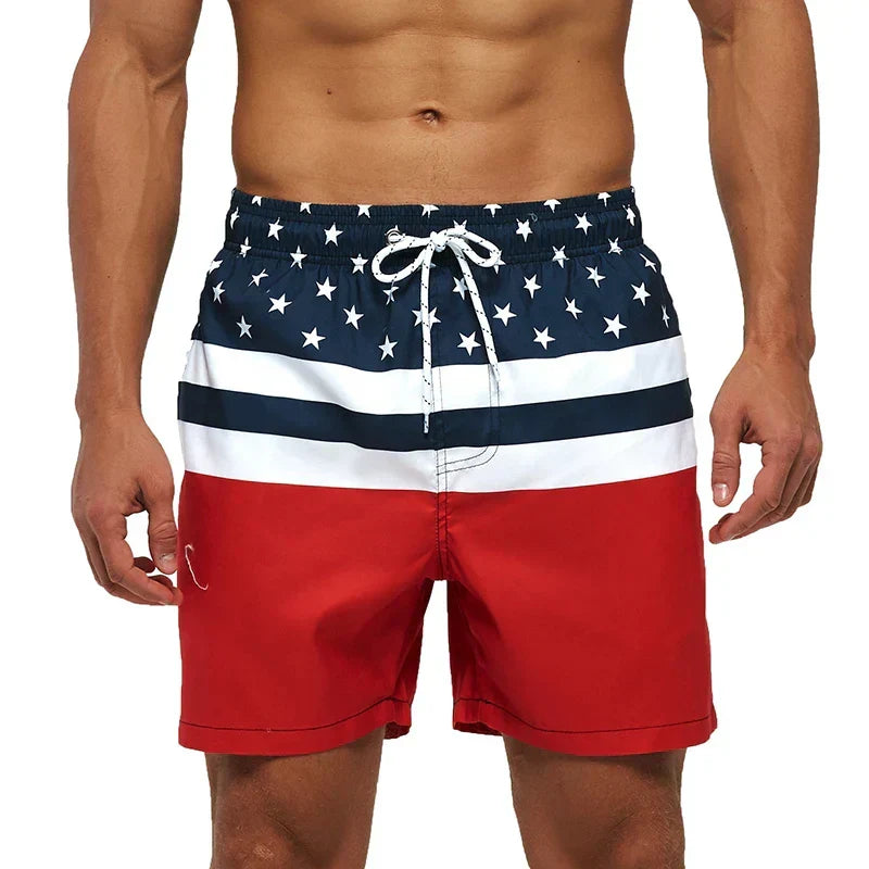 Men's printed swim shorts with elastic drawstring waist and side pockets