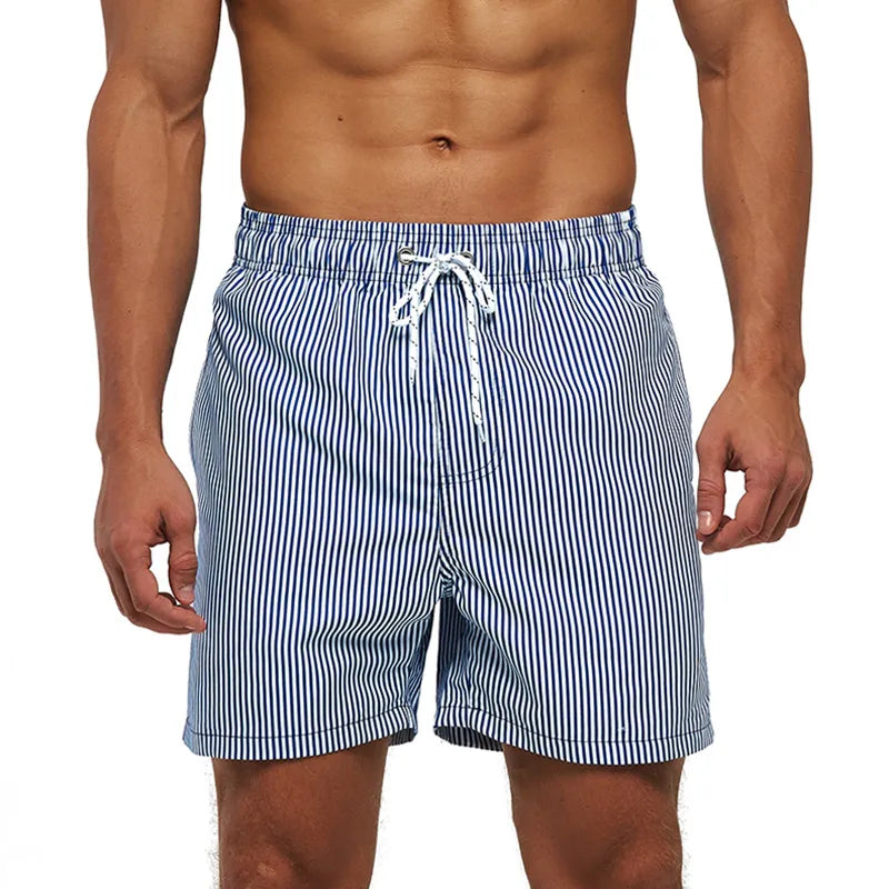 Men's printed swim shorts with elastic drawstring waist and side pockets