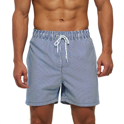Men's printed swim shorts with elastic drawstring waist and side pockets