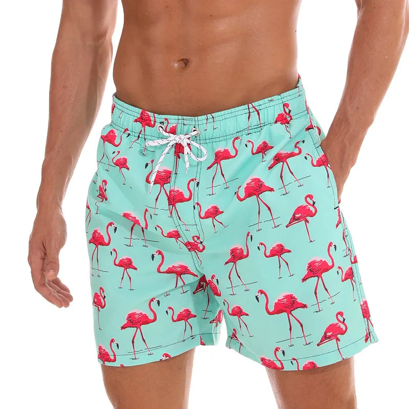 Men's printed swim shorts with elastic drawstring waist and side pockets