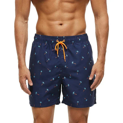 Men's printed swim shorts with elastic drawstring waist and side pockets