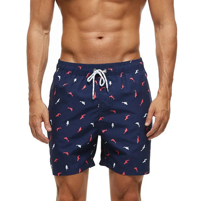 Men's printed swim shorts with elastic drawstring waist and side pockets