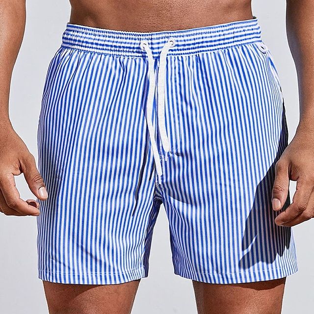 Men's striped drawstring swim shorts with elasticated waist and side pockets