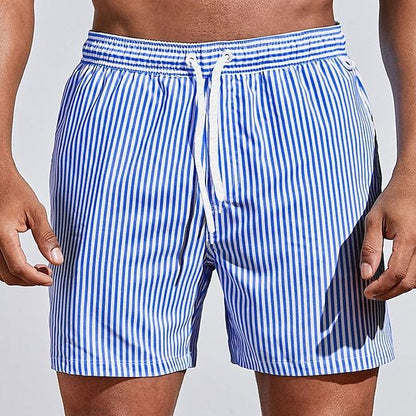 Men's striped drawstring swim shorts with elasticated waist and side pockets