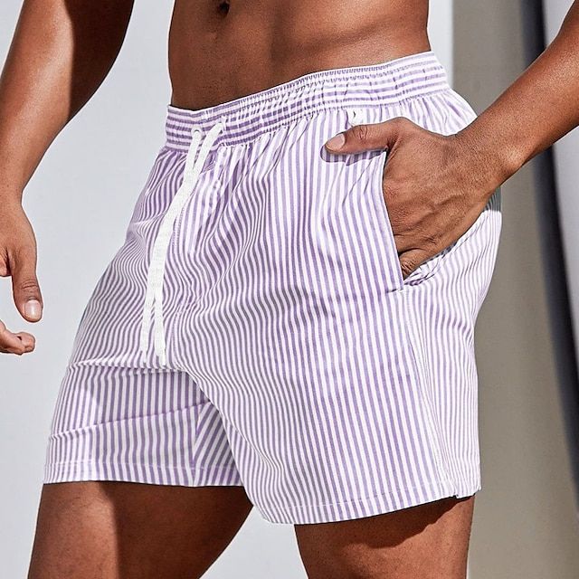 Men's striped drawstring swim shorts with elasticated waist and side pockets