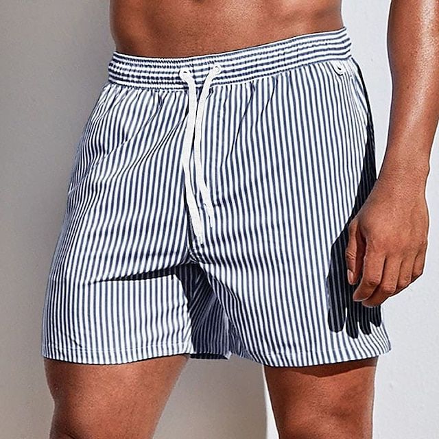 Men's striped drawstring swim shorts with elasticated waist and side pockets