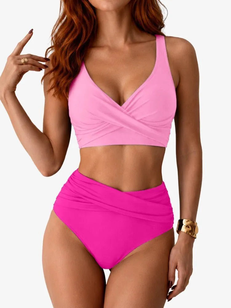Women's wrap bikini set with V-neck top and high-waisted briefs