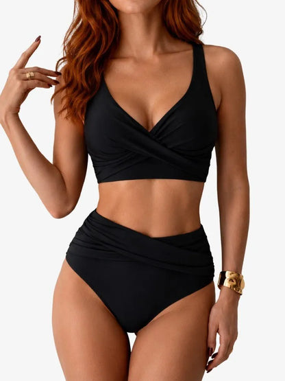Women's wrap bikini set with V-neck top and high-waisted briefs