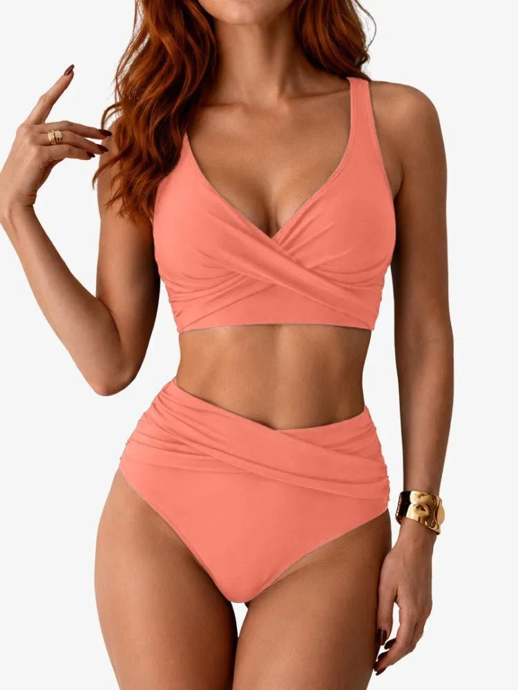 Women's wrap bikini set with V-neck top and high-waisted briefs
