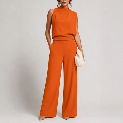 Women's sleeveless high-neck jumpsuit with wide-leg trousers and side pockets