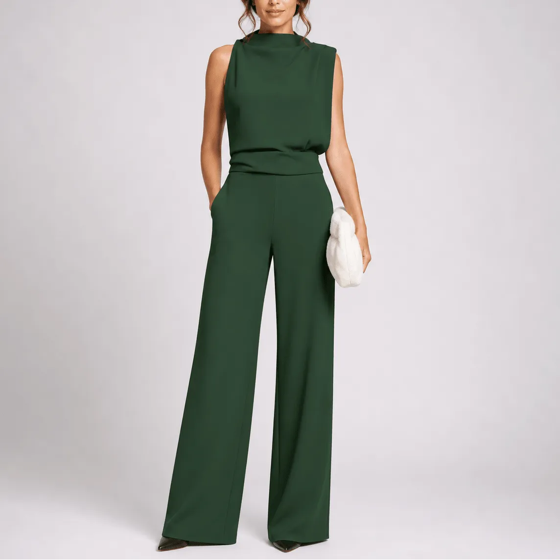 Women's sleeveless high-neck jumpsuit with wide-leg trousers and side pockets