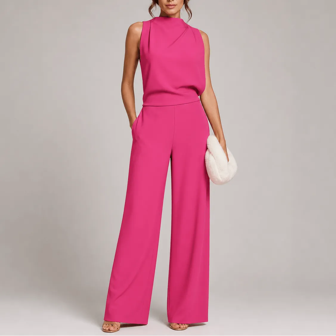 Women's sleeveless high-neck jumpsuit with wide-leg trousers and side pockets