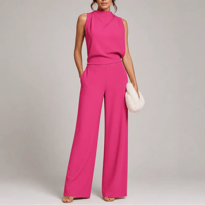 Women's sleeveless high-neck jumpsuit with wide-leg trousers and side pockets