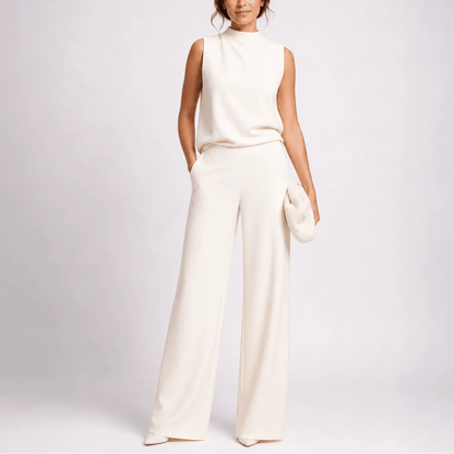Women's sleeveless high-neck jumpsuit with wide-leg trousers and side pockets