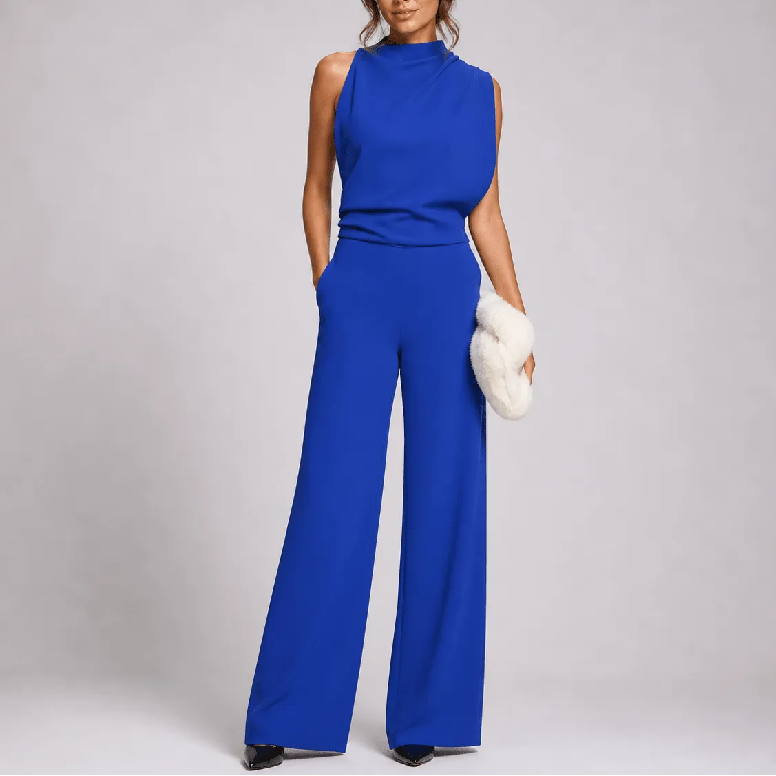 Women's sleeveless high-neck jumpsuit with wide-leg trousers and side pockets
