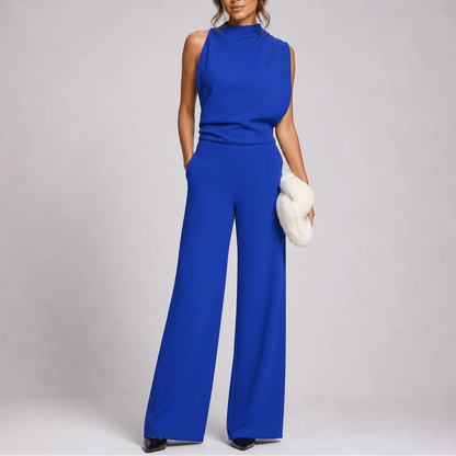 Women's sleeveless high-neck jumpsuit with wide-leg trousers and side pockets