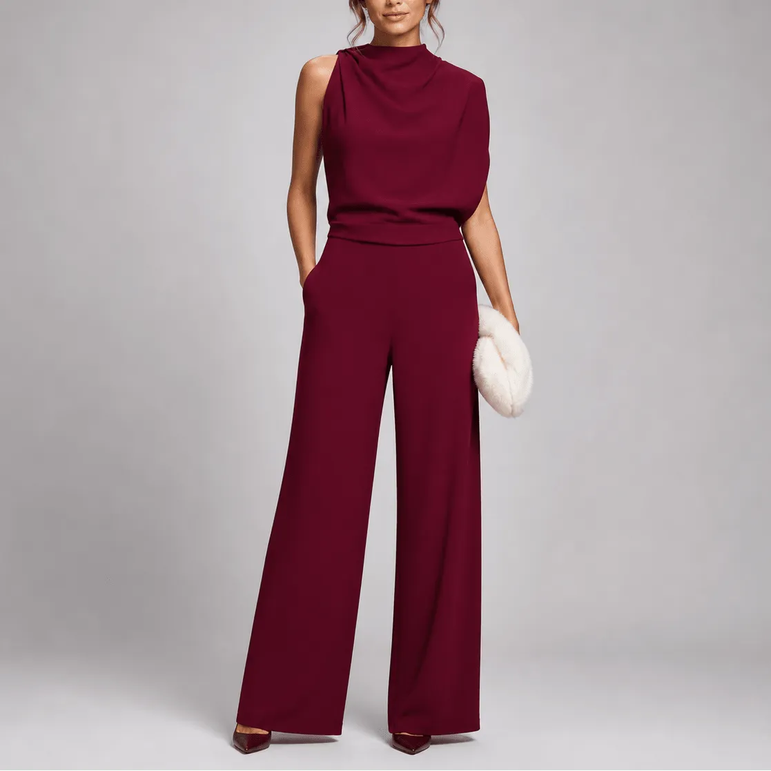 Women's sleeveless high-neck jumpsuit with wide-leg trousers and side pockets