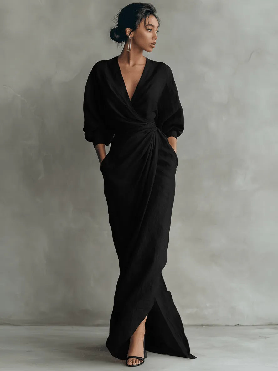 Women's wrap maxi dress with V-neckline, gathered waist and front split
